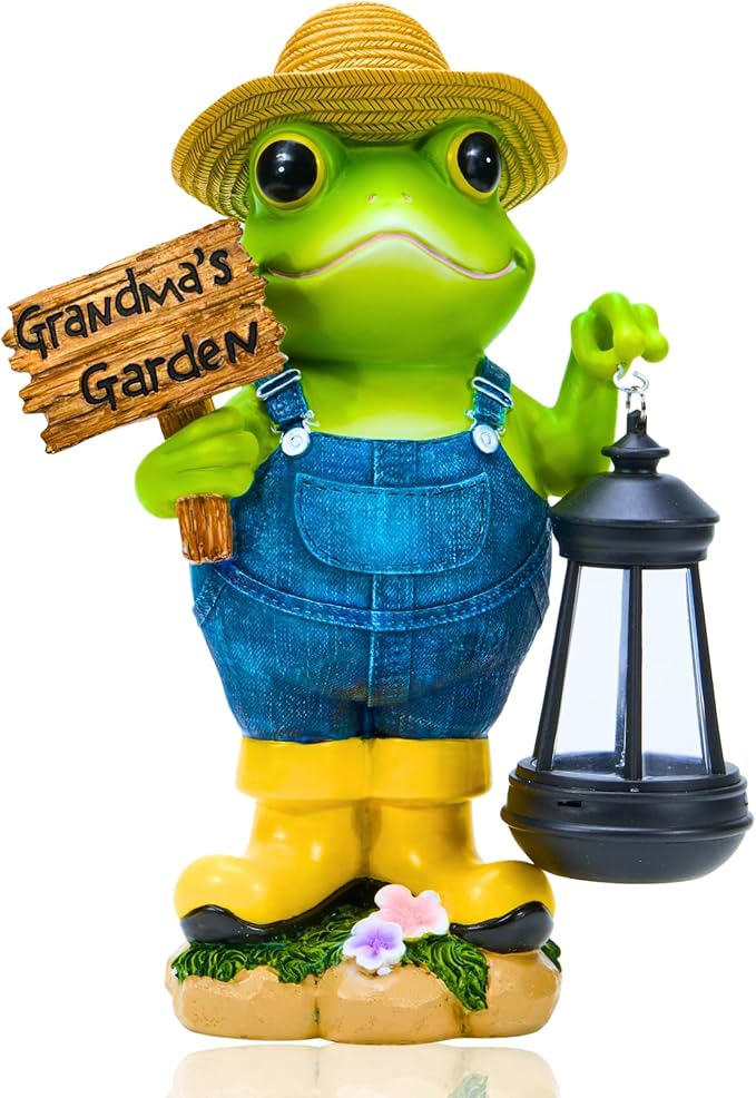 Frog Garden Statue with Solar Light Gardener Frog Decoration with Solar Lantern Light for Home Outdoor Garden Patio and Yard Decor Best Gifts for Mom/Grandma Grandma's Garden