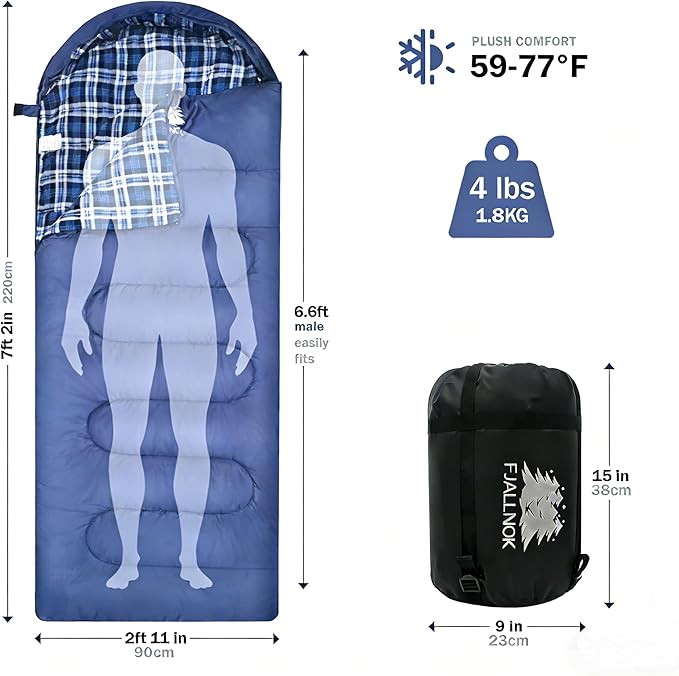 100% Cotton Flannel Sleeping Bag for Adults Big&ampTall Size Backpacking Lightweight Waterproof for Girls Boys Mens Teen for Camping Hiking Outdoor Travel with Compression Bags