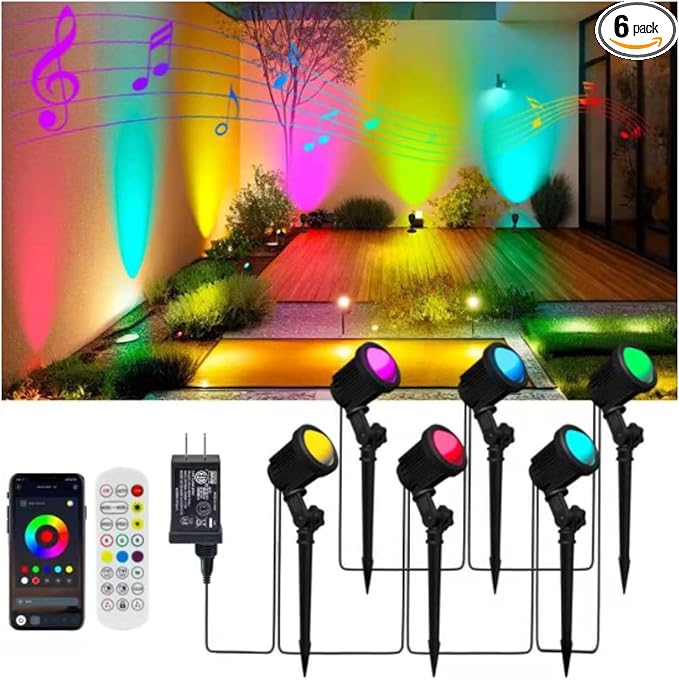 Smart Landscape Spotlights Low Voltage IP67 Waterproof Outdoor Spot Lights Compatible with APP/Remote Control Color Changing Lights for Yard Garden Pathway Lawn Tree Festival 6 Pack