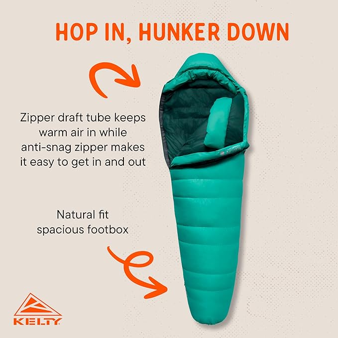 Kelty Cosmic Ultra 20 Degree Sleeping Bag 800 Dridown Premium Thermal Efficiency Soft to Touch Large Footbox Environmental and Health Friendly C0 and PFC-Free DWR Compression Stuff Sack &amp M