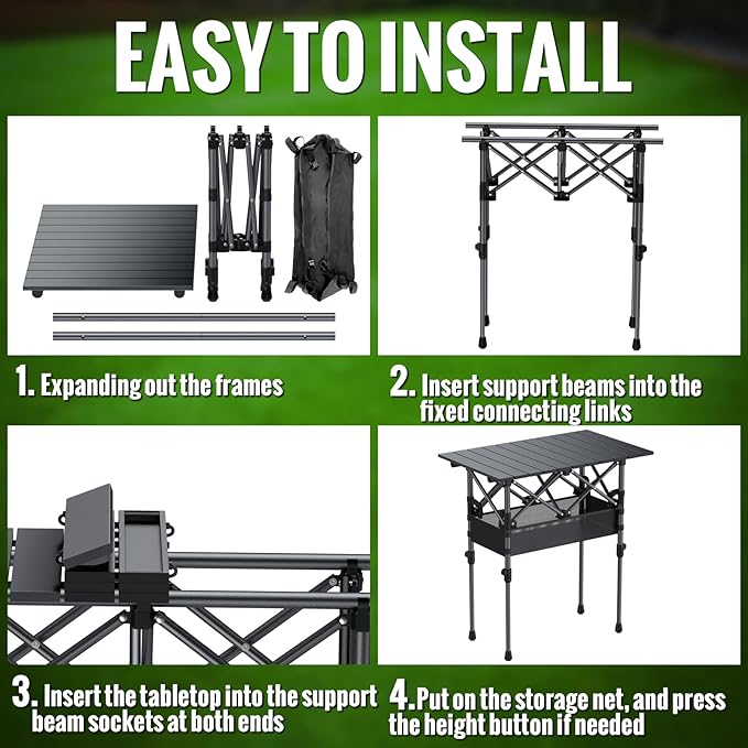 GARLLEN Folding Camping Table 2-Height Adjustable Portable Picnic Table with Roll-up Tabletop Lightweight Aluminum Outdoor Table with Storage Net &amp Carrying Bag for Camping Picnic BBQ