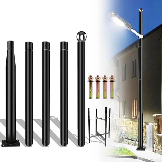 16Ft Tall Street Light Pole - Outdoor Metal Split Heavy Duty Street Lamp Post for Outside Large Solar Street Lights with Mounting Rebar Cage Base Accessory for Parking Backyard Patio Yard