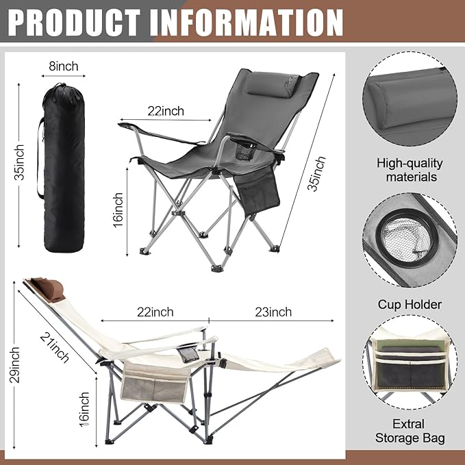 2 Set Reclining Camping Chair with Umbrella Clamp Adjustable Beach Chair with Foot Rest SPF 50+ Folding Shade Camping Lounger Recliner for Adult Outdoor(Grey WhiteOxford)