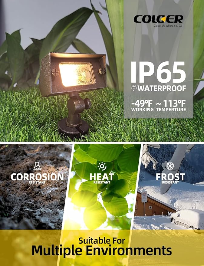 COLOER Brass Small Rectangular Flood Lights Outdoor with 2W 2700K Warm White LED G4 Bulb 12V Low Voltage Landscape Outside Lights for House Illuminating Signs Walls and Plant Material