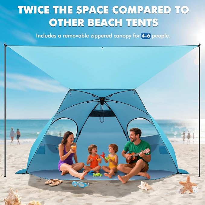 Elegear CumbreX™ Beach Tent with Canopy 4-6 Person 1-Second Umbrella-Style Setup Pop Up Sun Shelter Shade UPF 50+ UV Protection Four-Layer Silver-Coated Lightweight Portable Beach Cabana - Aqua Blue
