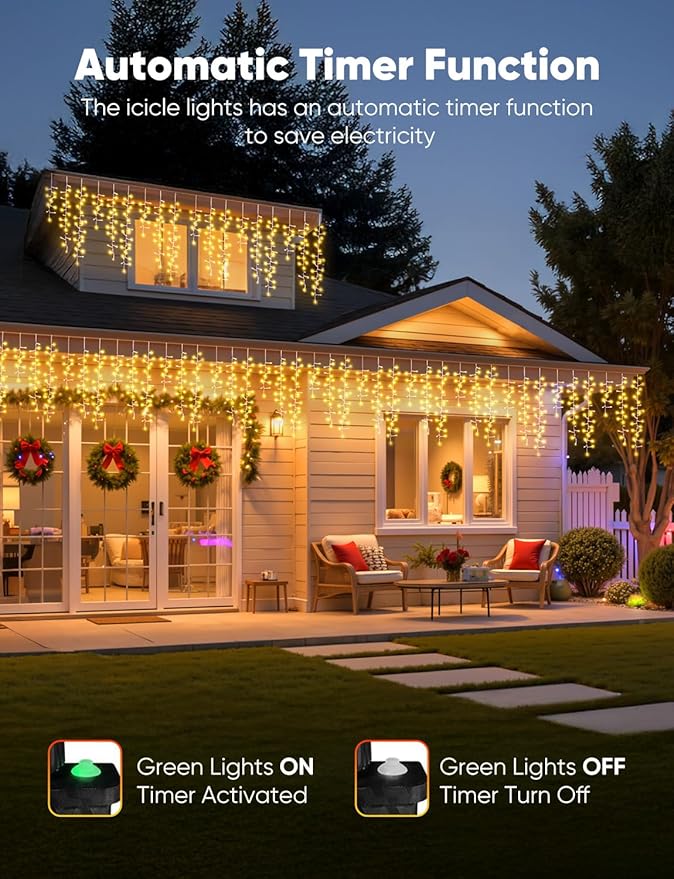 Brightown Icicle Christmas Lights Outdoor 33FT 1020 LED Cluster Icicle Lights with 51 Drop12 Mode Connectable Firecracker Light with Timer Waterproof Christmas Light Outdoor Warm White