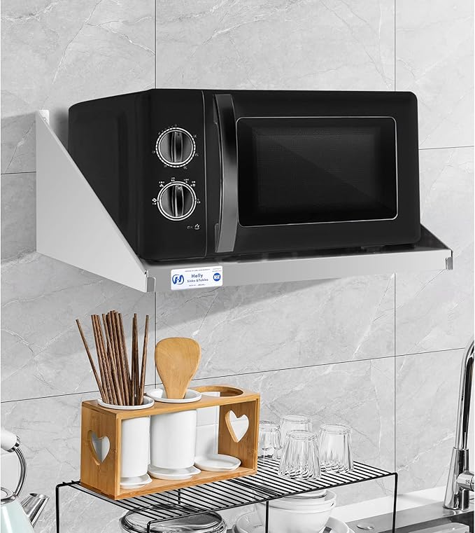 Hally Stainless Steel Microwave Shelf 24x24 200 lb NSF Commercial Heavy Duty Metal Appliance Wall Mount Floating Shelving for Restaurant Kitchen Bar Home and Hotel