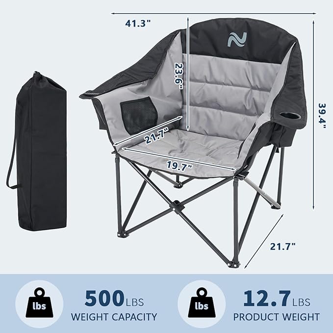 NAIZEA Padded Camping Chairs with Cooler Bag Folding Camping Chair for Adults Outdoor Heavy Duty Heated Lawn Chair for Camp Garden Firepits Patio &amp More