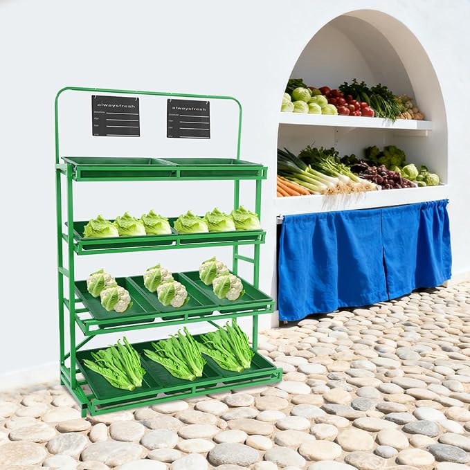 4 Tier Supermarket Fruit Vegetable Storage Rack Retail Display Rack Market Shelf with 10 Slanted Baskets &amp 2 Product Labels Floor Standing Metal Fruit Vegetable Snacks Display Shelf Organizer