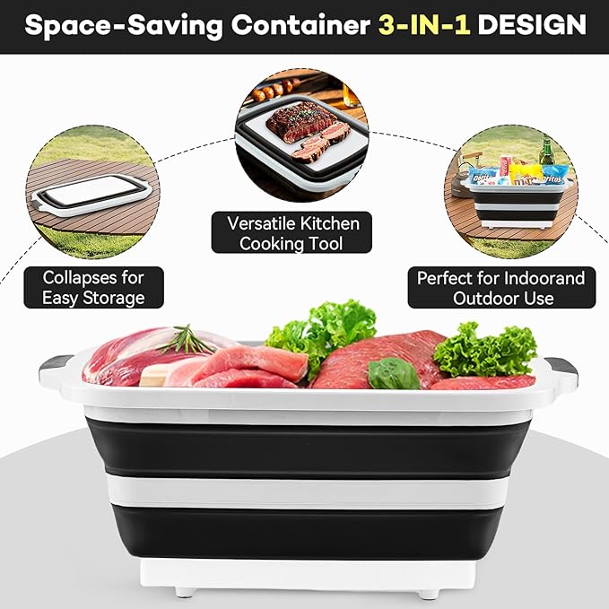 Collapsible BBQ Prep Tub with Cutting Board &amp Lid Folding Food Container BPA-Free Heavy-Duty Dishwasher Safe Upgraded Drain Hole - for Camping Grilling Outdoor Cooking (Black XX-Large)