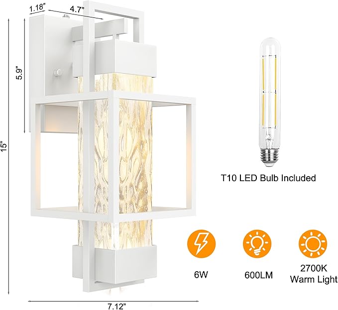 PARTPHONER Modern Outdoor Light Fixture Dusk to Dawn Outdoor Lighting 15 H Exterior Wall Sconce Waterproof Porch Light Outside Light for House with Water Glass for Garage Doorway White