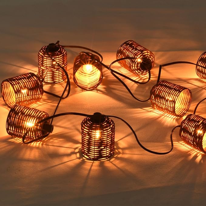 Natural Rattan String Lights 10 Rustic Raffia Cage 13 Ft Plug in &amp Connectable Wicker LightsNatural Color Rattan