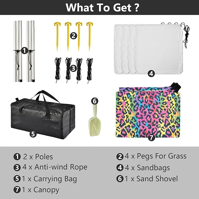 ALAZA Rainbow Leopard Cheetah Print Beach Tent Sun Shelter UPF50+ Protection Beach Shade Canopy w/ 4 Sandbags for Outdoor Camping Fishing Backyard Fun Picnic 10x9 ft