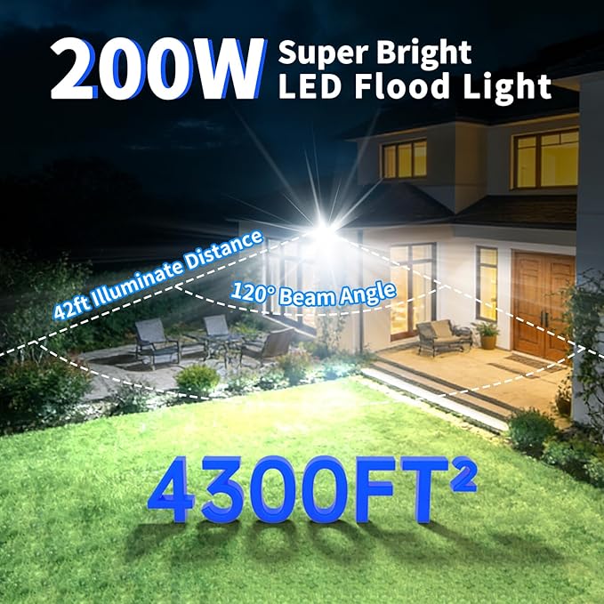 2 Pack 200W LED Flood Lights Outdoor 24000LM Brighter Security Lights with Plug+10ft Cord IP66 Waterproof 5000K White Floodlight for Yard Garden Stadium Playground Arena