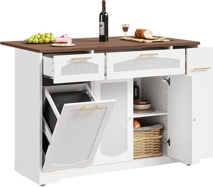 Rolling Kitchen Island Cart with Drop Leaf Storage Cabinets Drawers Tilt-Out Trash Can Spice Rack Narrow Movable Table for Small Spaces 47 on Wheels - Walnut Tabletop + White