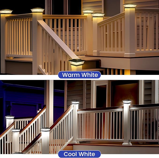 APONUO Solar Post Cap Lights 6 Pack for 4x4 5x5 6x6 Wood &amp Vinyl Fences - IP65 Waterproof All-Night Auto On/Off Warm/Cool White Light Outdoor Deck Patio Garden (Black)