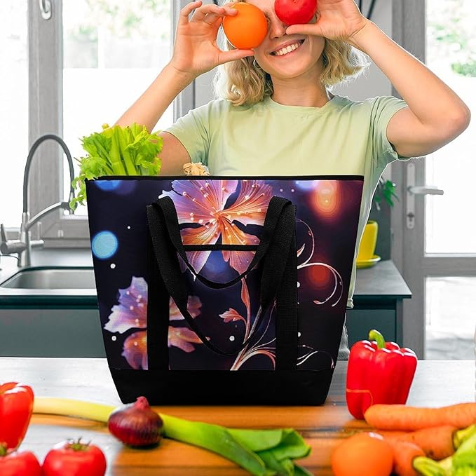 Insulated Shopping BagLarge Reusable Cooler Bags Cool Decorative FLowers Printed Foldable Shopping BagTravel Waterproof Shoulder Bag