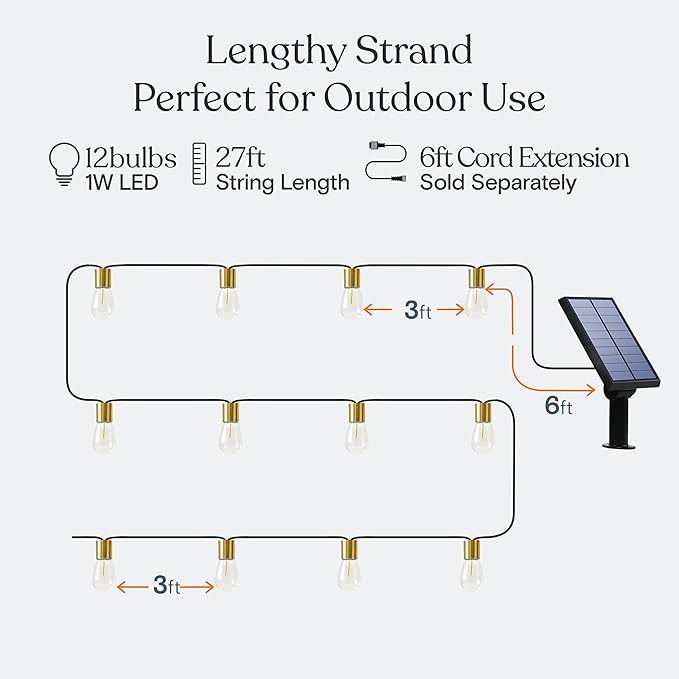 Brightech Glow Solar LED String Lights - Commercial Grade Waterproof Patio Lights with Beautiful Brass Accents - Shatterproof LED Solar Outdoor String Lights - 1W Soft White Light - 27 Ft
