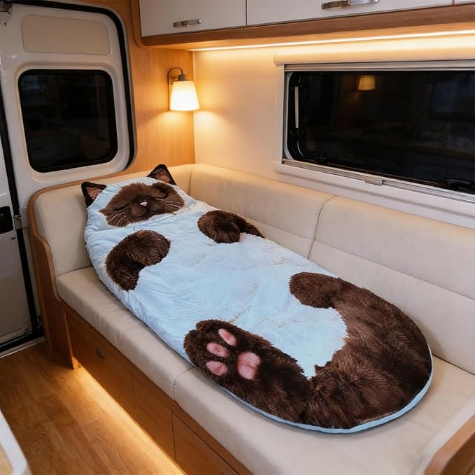 Adult Cat Pattern Envelope Sleeping Bag - Plush Cat Envelope Sleeping Bag for Adult - Plush Warm Washable Camping Blanket