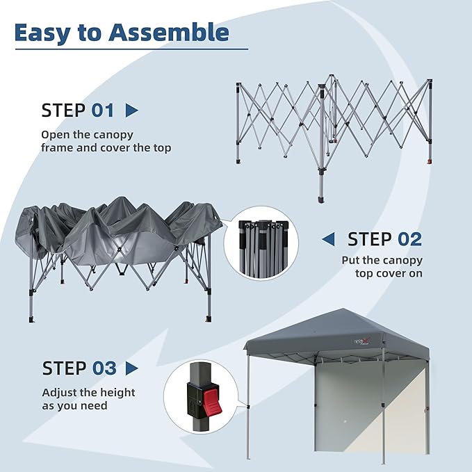 10x10 Outdoor Folding Canopy Tent with 1 Sidewall Easy Up Outdoor Shelter with One Person Set Up Center Lock Portable Patio Screen Tent for Camping Party Beach and Picnic Grey
