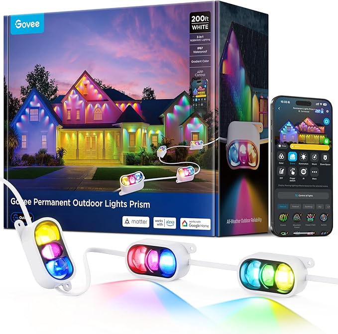 Govee Permanent Outdoor Lights Prism 200ft with 72 Triple-Color Lighting Heads 100+ Scene Modes Up to 60lm for Outdoor Decor IP68 Waterproof Works with Alexa Google Assistant &amp Matter White