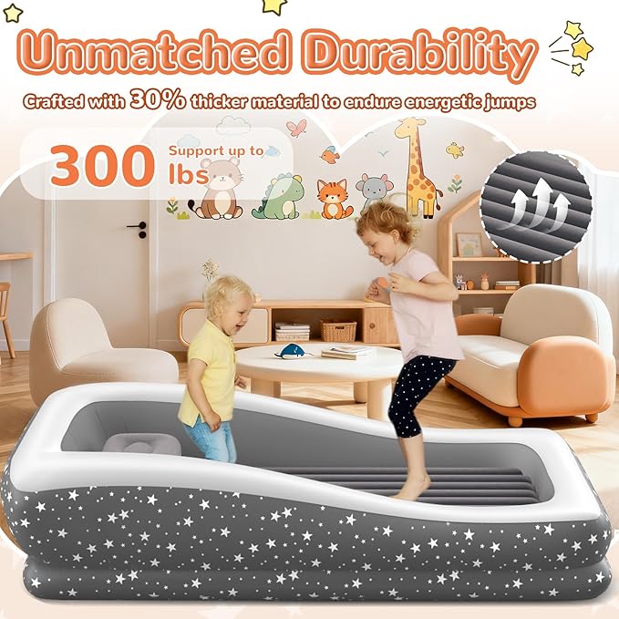 Inflatable Toddler Travel Bed - Grey Soft Toddler air Mattress with Bumpers for Easy to Inflate &amp Deflate - Portable Blow up Toddler Bed Travel with Sides for Trip Sleeping