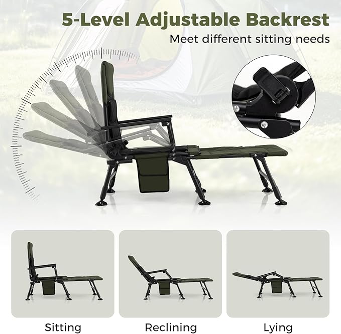Goplus Oversized Foldable Fishing Chair for Adults Heavy Duty All-Terrain Camping Chair with Detachable Footrest Padded High-Back Armrest Adjustable Feet Portable Recliner for Outdoor Patio Beach