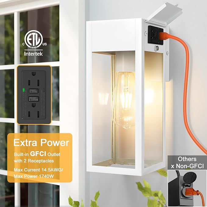 Porch Lights Outdoor Wall Sconce Outdoor Light with GFCI Outlet Waterproof Exterior Wall Lantern Light Fixtures Anti-Rust Wall Lamp for Patio Doorway Garage- White 1 Pack