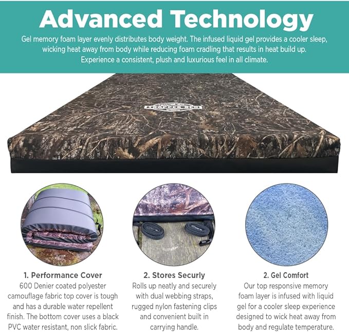 North American Mattress Trapper Bed 4 Luxury Hunter Camping Sleep Pad with Gel Memory Foam and TRUETIMBER Camo Cover