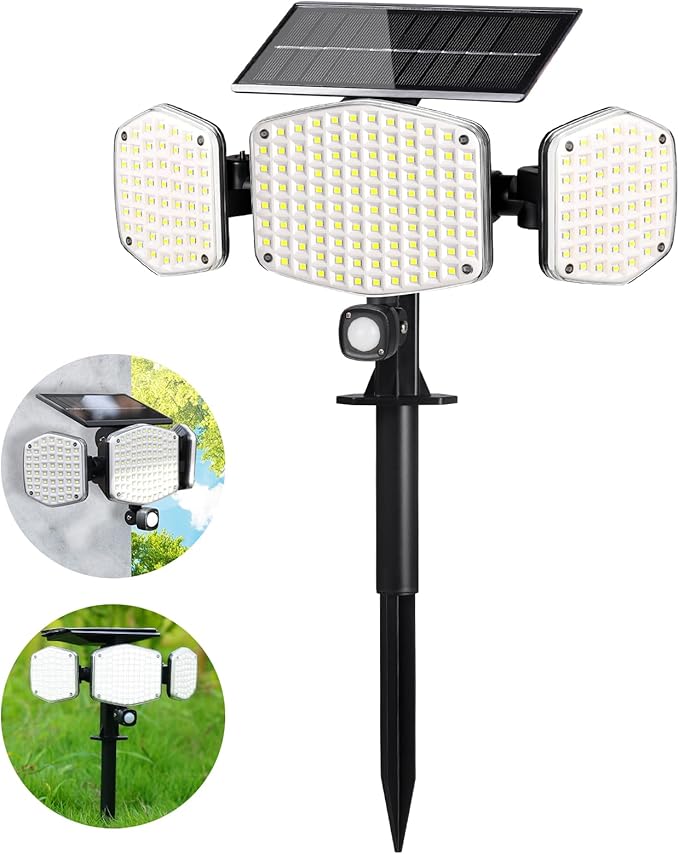Solar Motion Lights Outdoor with Stake 208 LED 270° Illumination Security Flood Lights for Yrad Garden Pathway 3 Modes IP65 Waterproof In-Ground or Wall Mount