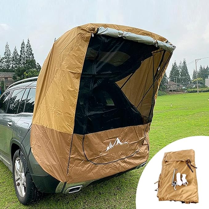 Portable SUV Tent Car Awning Brown Camping Car Trunk Tent with Wind-Resistant Ropes and Hooks Large Space Compact Cllapsible for Outdoor Beach Camping Auto Canopy Shade