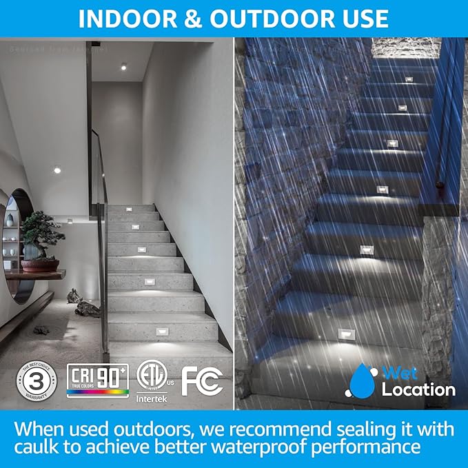 LEONLITE White 5CCT 120V LED Step Lights 3.5W 150LM 5%-100% Dimmable Horizontal Stair Lights Indoor Outdoor Wet Location CRI90+ &amp ETL 2700K/3000K/3500K/4000K/5000K Aluminum Pack of 3