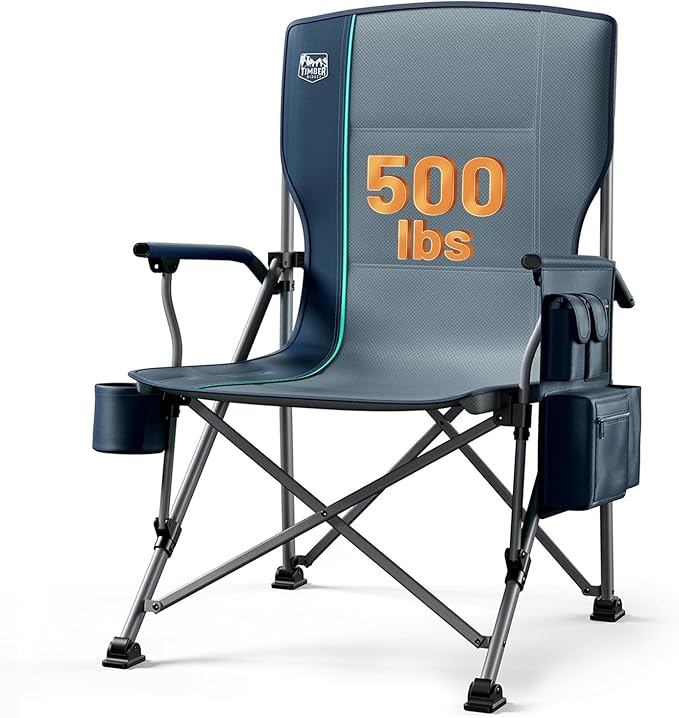 Timber Ridge 500lbs Oversized Folding Camping Chair Heavy Duty Lawn Chair for Adults Portable Collapsible High Back Chair with Cup Holder Side Pocket Cooler Bag for Outdoor Sports Blue