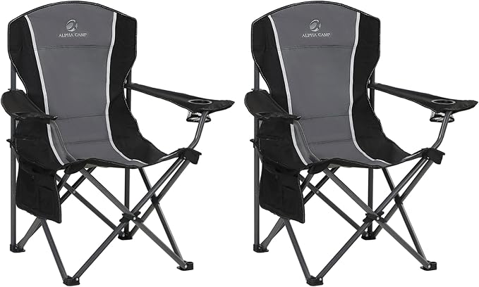 LET'S CAMP Oversized Outdoor Folding Camping Chair 2 Pack Heavy Duty Arm Chairs with Cup Holder and Storage Bag 350 LBS Weight Capacity Grey