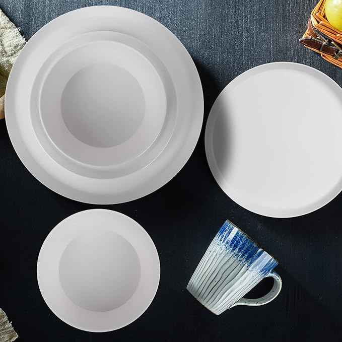 12-Piece Plastic Dinnerware Set Plates and Bowls Sets Service for 4 Matte White Melamine Plates Unbreakable Plastic Outdoor Camping Dishes Decor Dishwasher Safe