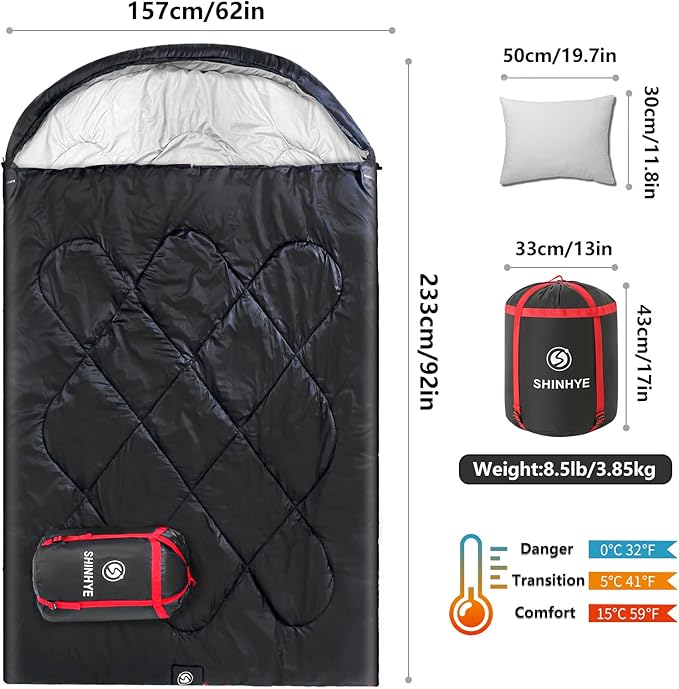 ShinHye Double Sleeping Bag for Adults with 2 Pillows Camping Sleeping Bags Flannel Cotton 2 Person Sleeping Bags XXL Queen Size Sleeping Bag for Cold Weather