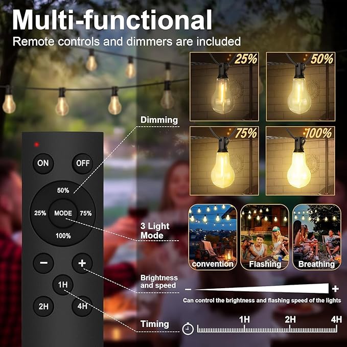 50FT Outdoor String Lights Waterproof with 32+2 Bulbs (1.5FT Bulbs Spacing) Remote &amp Dimmer Commercial Patio String Lights with 3 Mode Light &amp Timing 50PC Mounting Ties for Outside