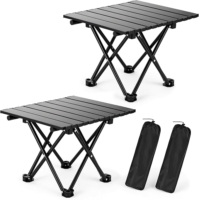2 Pack Portable Camping Table Foldable Ultralight Small Folding Beach Table with Carry Bag for Outdoor Travel Beach Camp Picnic BBQ Cooking Festival Boat Home Use (Black-S)