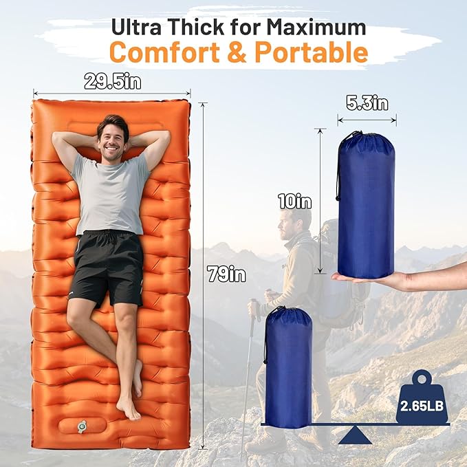 KASBAH Camping Sleeping PadExtra Wide 6 inch Thick Inflatable Sleeping Pads with Built-in Foot Pump and PillowUltralight Camping Mat Gear for Outdoor HikingCamping