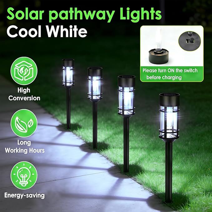 Mancra Solar Pathway Lights Outdoor 8 Pack Metal Glass Solar Lights Outdoor Waterproof Auto On/Off Landscape Path Lighting Garden Decor for Yard Walkway Driveway Cool White