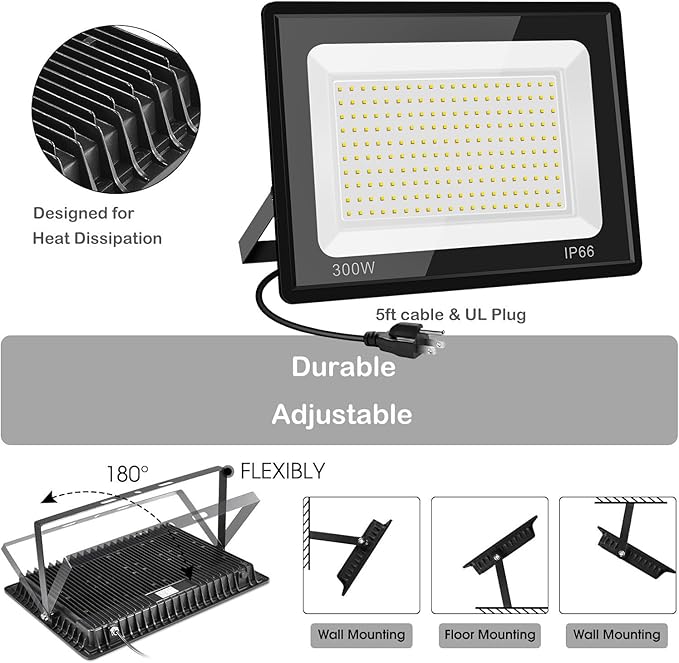 2 Pack 300W Warm White Led Flood Lights Outdoor3000K Super Bright 36000LM Security Lights with PlugExterior IP66 Waterproof FloodLight for Yard Garden Playground Stadium