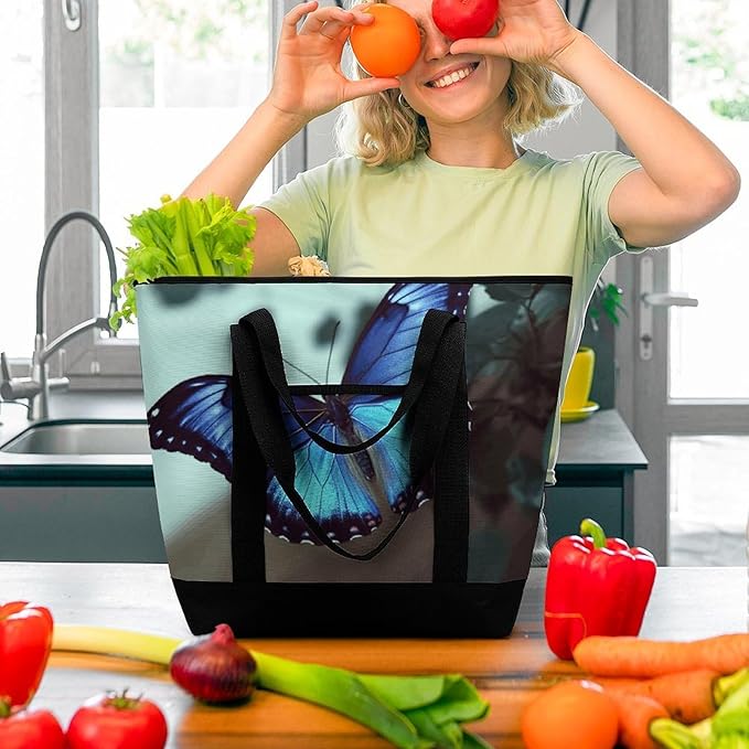 Insulated Shopping BagLarge Reusable Cooler Bags Blue Butterfly Printed Foldable Shopping BagTravel Waterproof Shoulder Bag