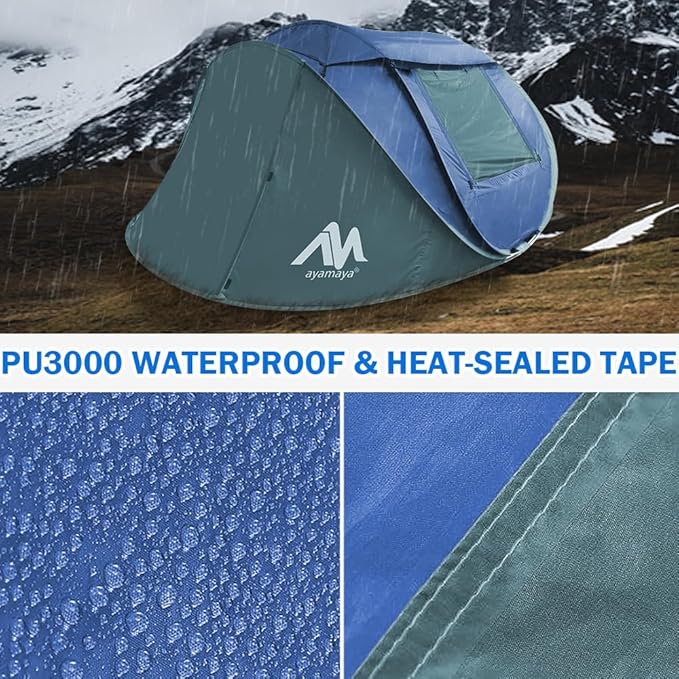 4 Person Pop Up Tents for Camping - AYAMAYA Waterproof Instant Family Tents with Skylight &amp Removable Rainfly Upgraded Large Size with 2 Doors -Automatic Easy Setup Beach Tent with Poles