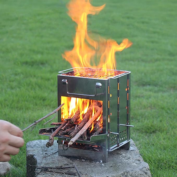 Wood Burning Camp Stove Folding Stainless Steel Barbecue Stove Portable Small Backpacking Grill for Outdoor Camping Cooking Picnic BBQ 15 x 15 x 20 cm
