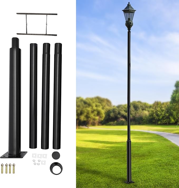 Street Light Pole Black Galvanized Solar Street Lamp Post Split Street Lamp Post Outdoor Street Courtyard Parking Lot Lighting Post with Mounting Rebar Cage (13 FT 114+76mm)