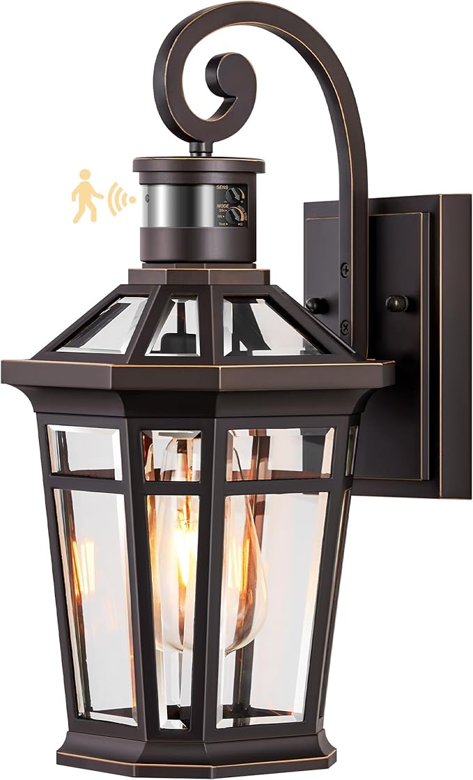 Motion Sensor Porch Lights Outdoor Wall Mount Oil Rubbed Bronze Exterior Wall Sconce Lantern with E26 Socket Waterproof Dusk to Dawn Outdoor Lighting Fixtures Coach Lights for Garage Patio