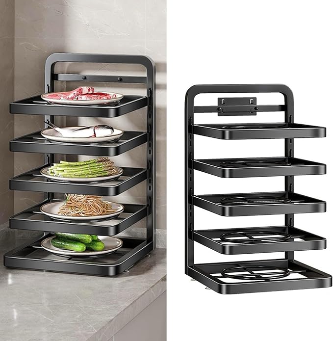 5 Tier Kitchen Counter Storage Shelf Detachable Height Adjustable Kitchen Organizer Space Saving Countertop Rack for Prepared Food Hotpot Dishes Sturdy Carbon Steel Shelf with E