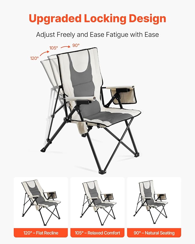 VEVOR Folding Camping Chair 3 Reclining Positions Outdoor High Back Camping Chair 260lbs Weight Capacity Full Padded Beach Chairs with Armrest &amp Headrest Portable Lawn Chairs for Sports Trave