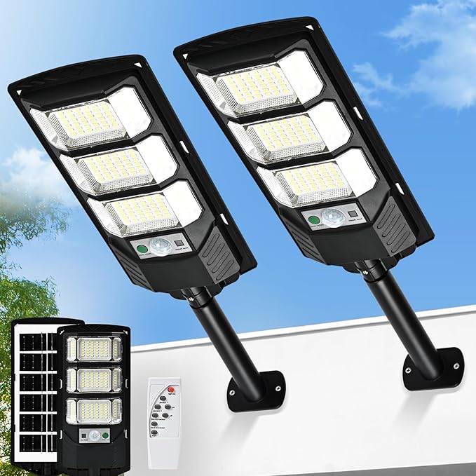 Solar Lights Outdoor Waterproof 2 Pack 6500k Solar Flood Light Dusk to Dawn Solar Street Lights with Motion Sensor &amp Remote Control LED Solar Parking Lot Lights for Yard Ground Garden