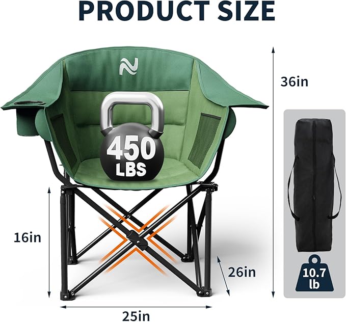NAIZEA Padded Camping Chair Outdoor Folding Chair Portable Heavy Duty Arm Chairs with Side Pockets Cup Holder for Beach Lawn Picnic Fishing Backpacking